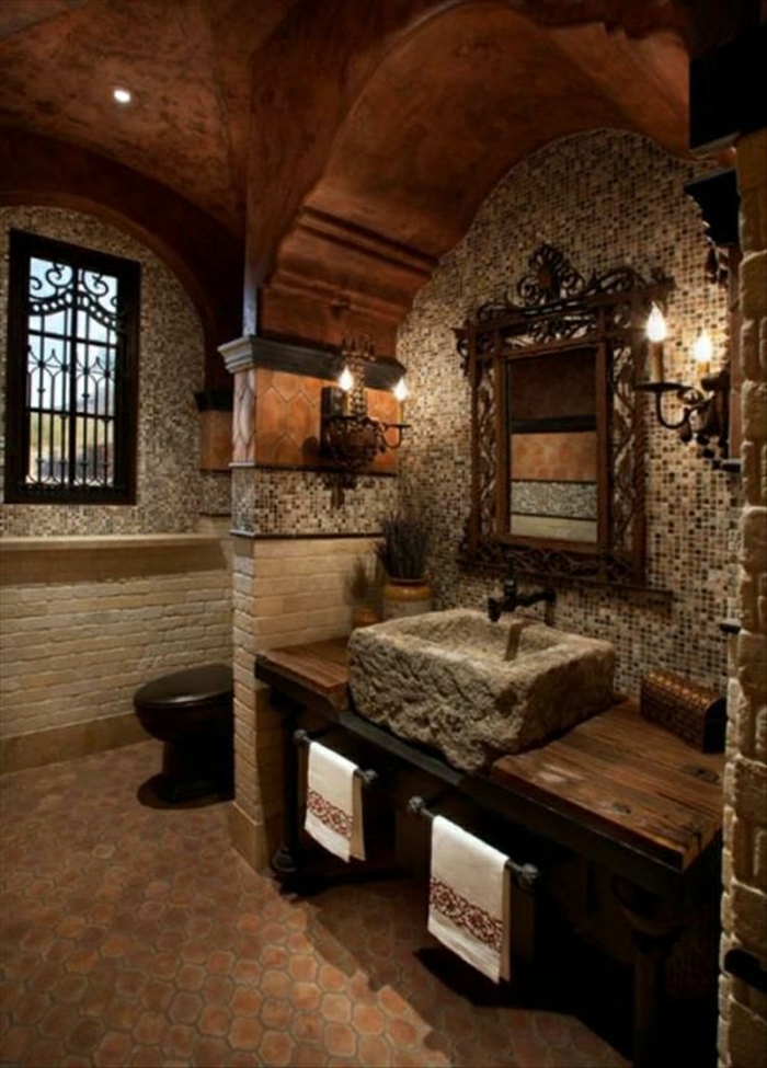 Badezimmer-rustikal-Holz-Wände-Mosaik-Ziegel-Waschbecken-Stein