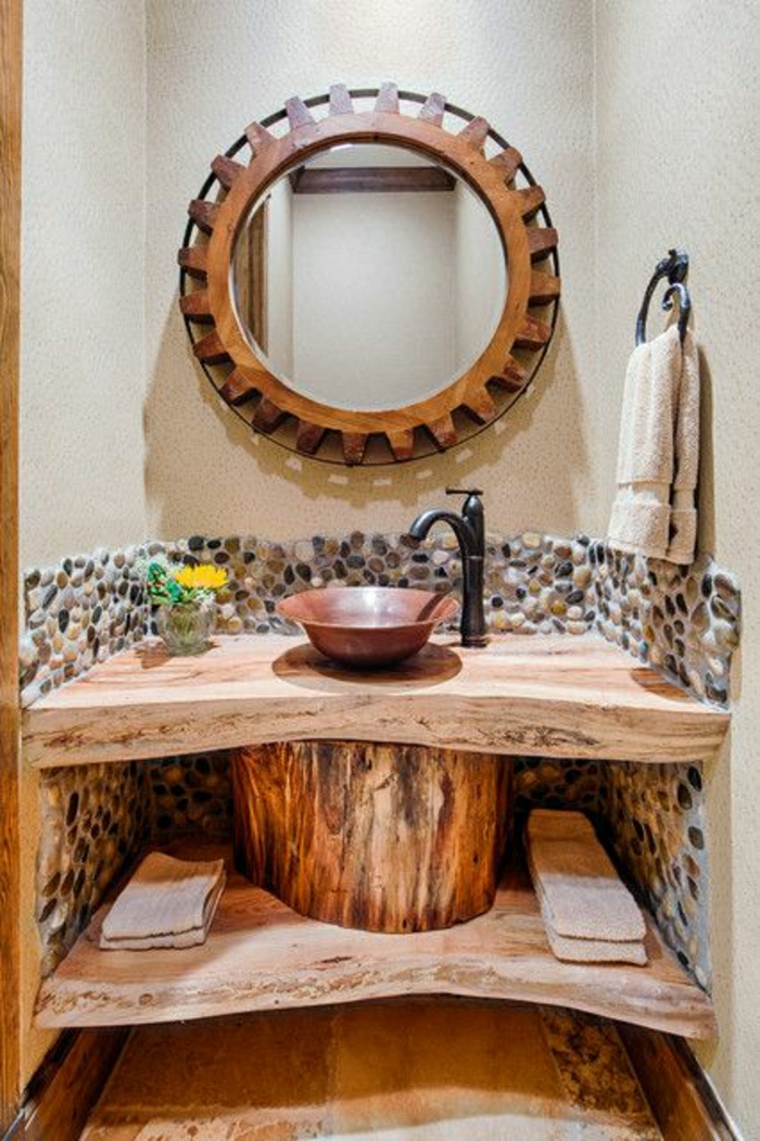 Badezimmer-rustikales-Design-hölzerne-Tischplatten-Wand-dekorative-Steine