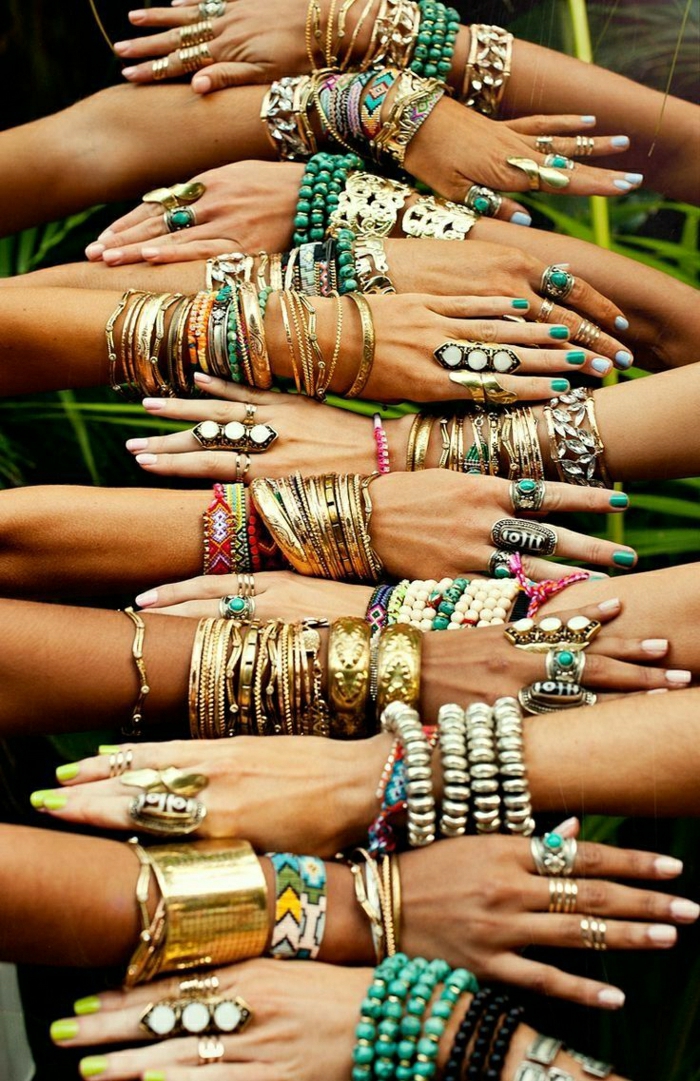 Boho-Mode-Hippie-Stil-Accessoires-Schmuck-Armbänder-Ringe-Metall-golden-Steine-Glasperlen