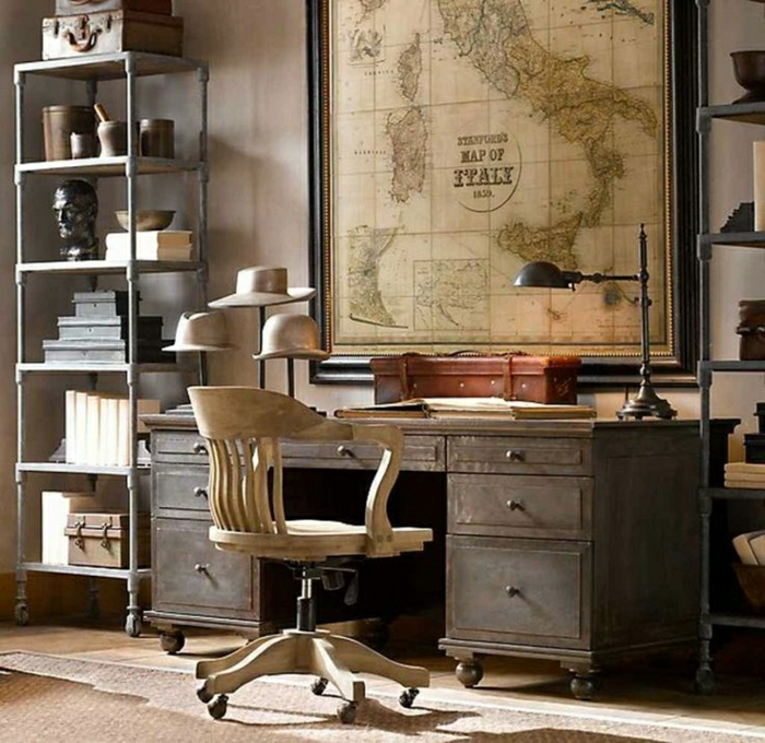 Büro-vintage-Design-Regale-retro-Stuhl-Holz-Schreibtisch-Schubladen-Kasten-Leselampe-Europa-Karte