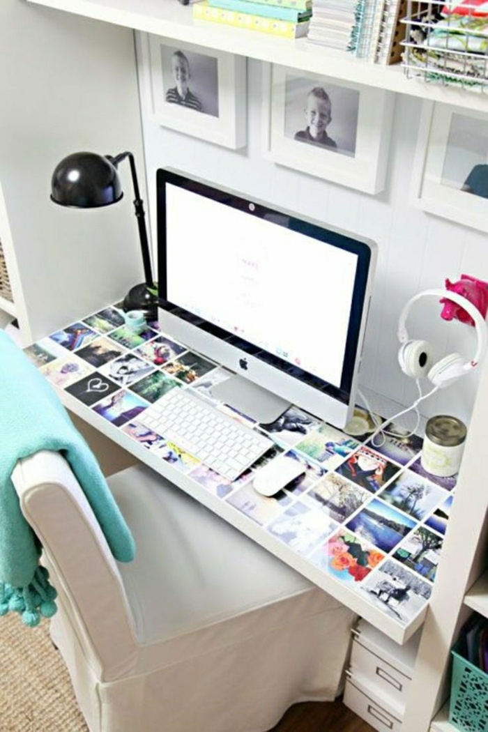 Designer-Schreibtisch-Fotos-Stuhl-weiß-Computer-Schlafdecke-Kopfhörer
