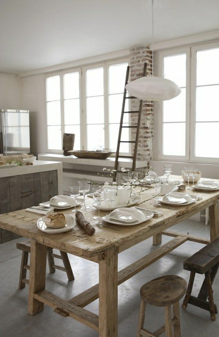 Küche-Esszimmer-rustikales-Design-Holz-weiße-Wände