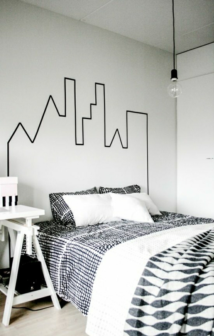 Schlafzimmer-schwarz-weiß-Wanddekoration-Ideen-Zeichnung-mit-schwarzem-Klebeband