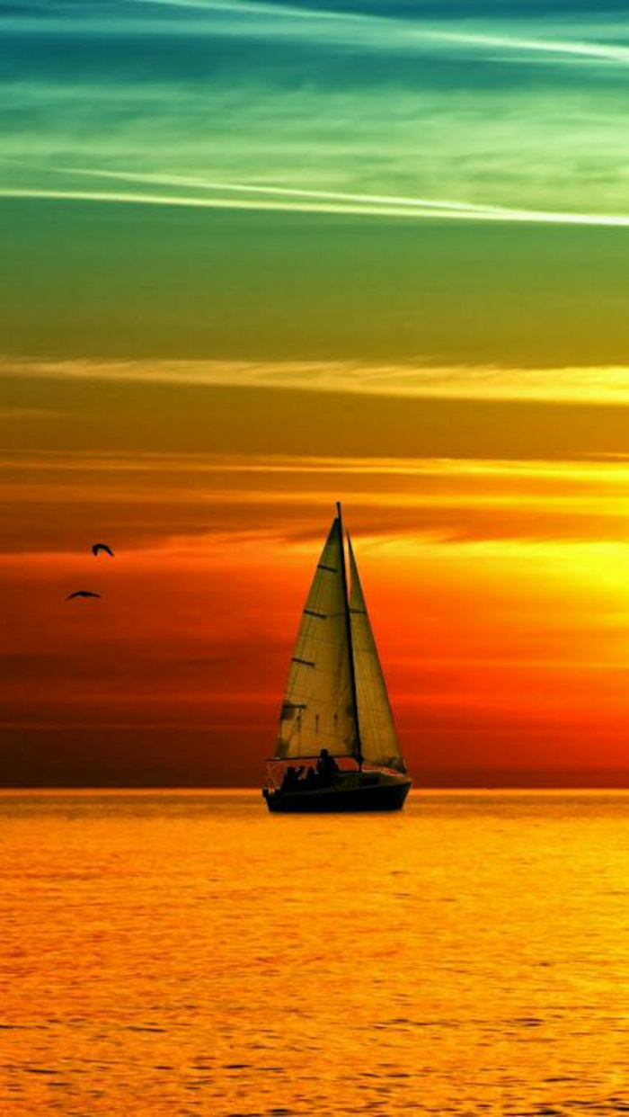 Sonnenuntergang-Foto-Wasser-Segelboot-Vögel
