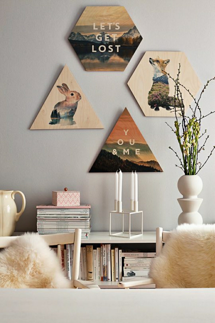 Wohnzimmer-Wanddekoration-Ideen-Tierbilder-Kerzen-Bücher