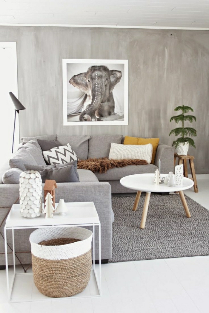 Wohnzimmer-skandinavischer-Stil-grau-weiße-Elemente-Blumentopf-Wanddekoration-Zeichnung-Elefant