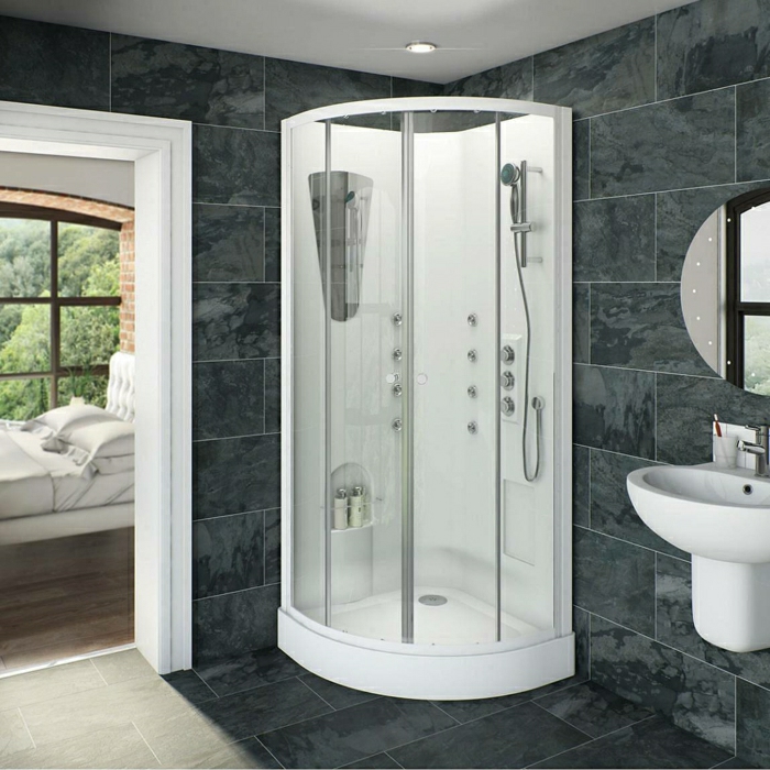 elegante-weiße-Kabine-Dusche-Badezimmer-Waschbecken-Spiegel-Schlafzimmer