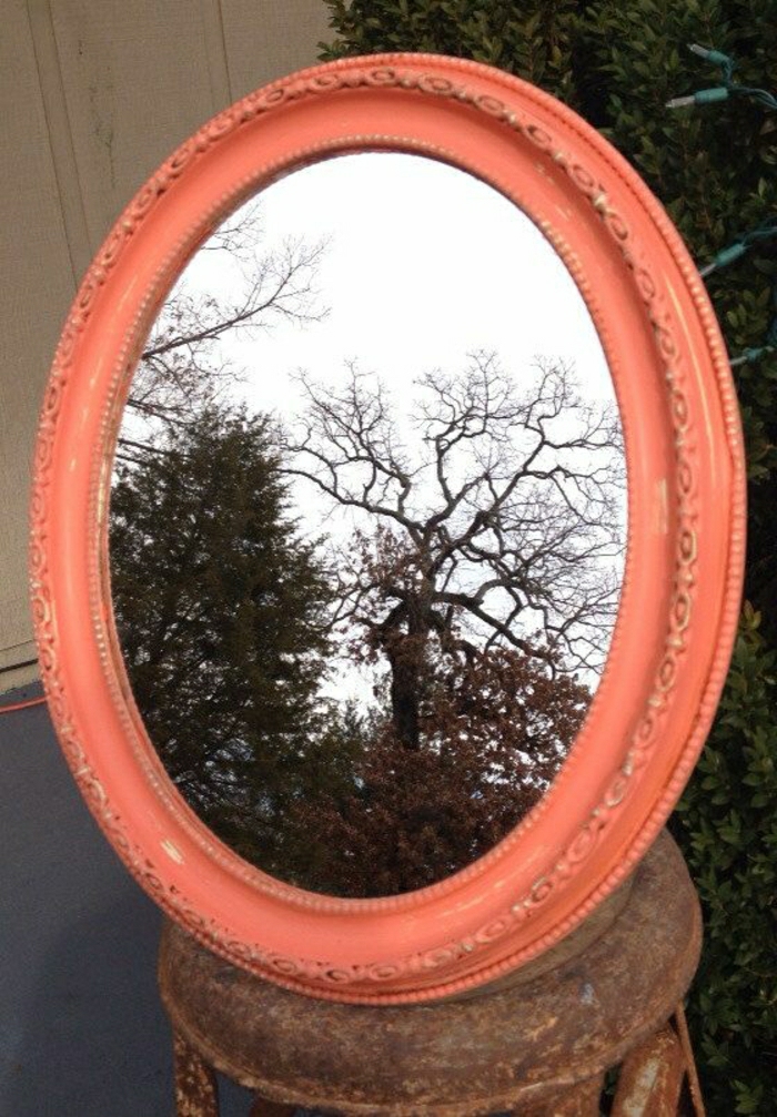 vintage-Spiegel-Rahmen-Koralle-Farbe-oval-shabby-chic-Stil-Ornamente-Spiegelung-Bäume