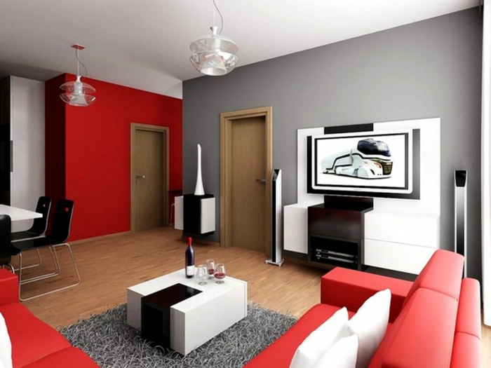wohnzimmer-in-grau-rote-möbel
