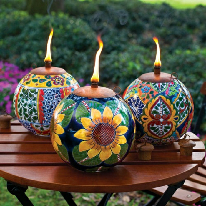 Garten-Dekoration-Tisch-Fackeltöpfe-Sonnenblume-Dekoration-handgemalt-Boho-Stil-indisch-orientalische-Motive