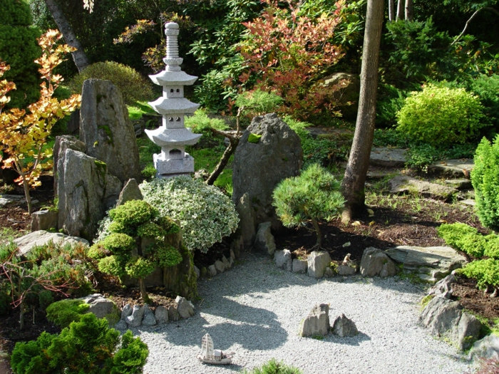 Garten-japanischer-Stil-Jarków-Polen-Bonsaibäume-Büsche-Steinlaterne