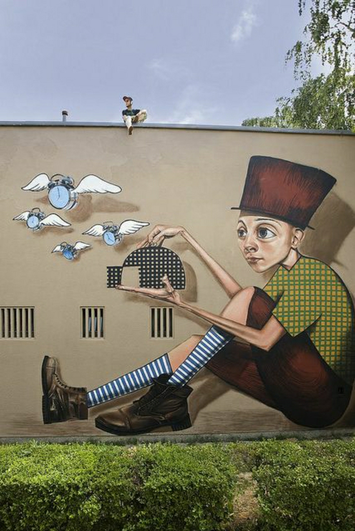 Gebäude-Wand-Graffiti-Zeit-Fänger-Käfig-fliegende-Uhren