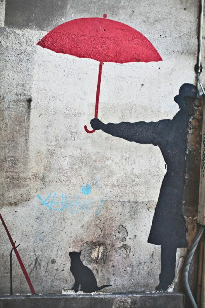 Graffiti-Bilder-Gebäude-Wand-Mann-roter-Regenschirm-Katze