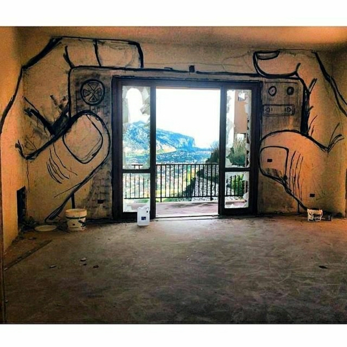 Graffiti-Bilder-Wohnung-Terasse-Kamera-Zeichnung-Hände-Ansicht