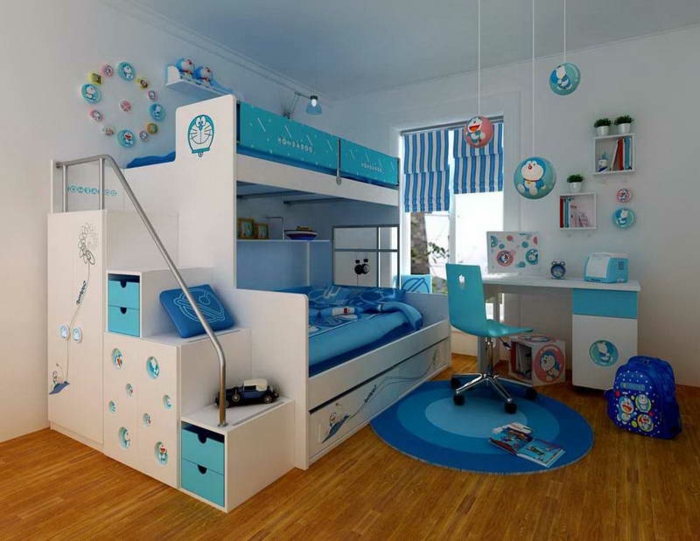 Kinderzimmer-Deko-blau-weißes-Bett