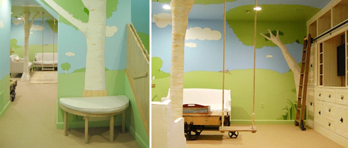 Kinderzimmer-Deko-gemaltete-Wände-und-Schaukel