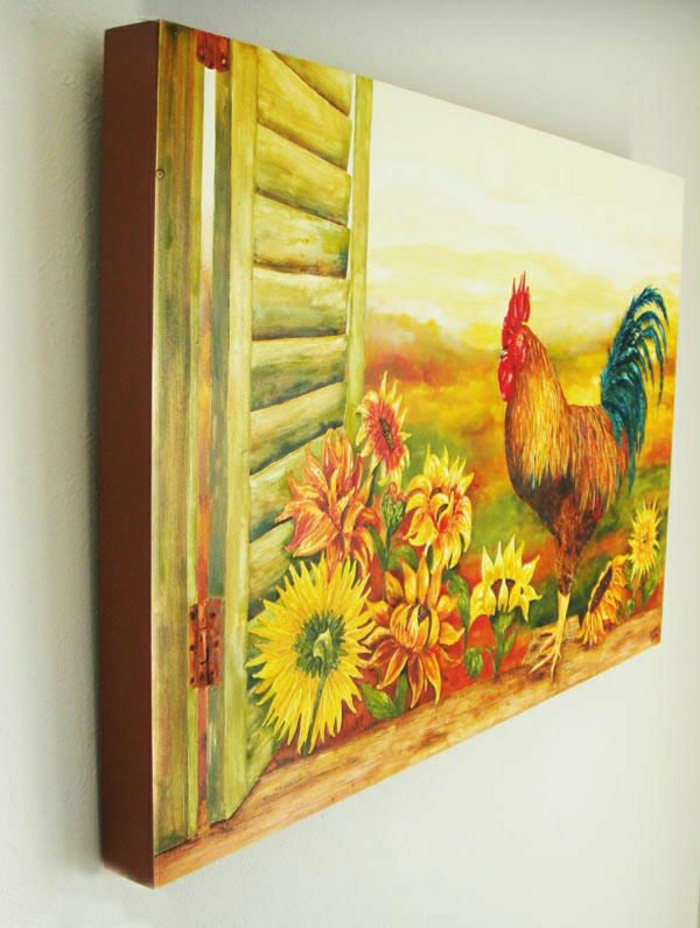 Küchendekor-Wandgestaltung-Bild-Sonnenblumen-Deko-Hahn-Landhausstil-gemütlich