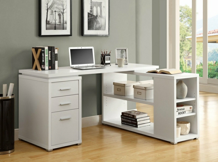 L-förmiger-Schreibtisch-mit-Regal-weiß-Laptop-Bücher-Eimer-Schubladen