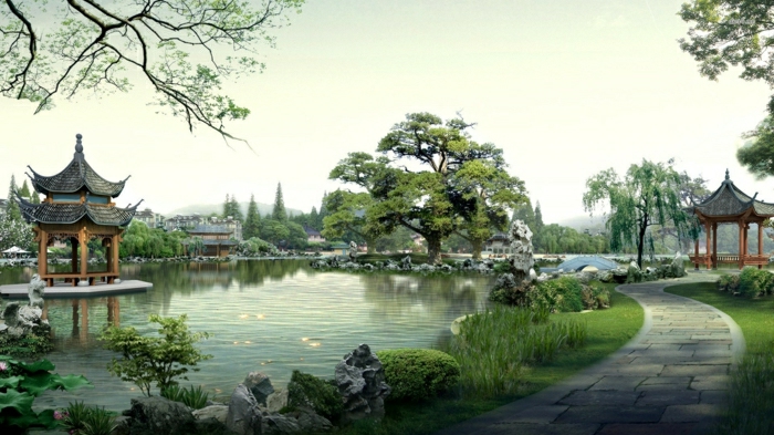 japanischer-garten-zen-Atmosphäre-großartige-Sicht-traditionelles-Haus-See
