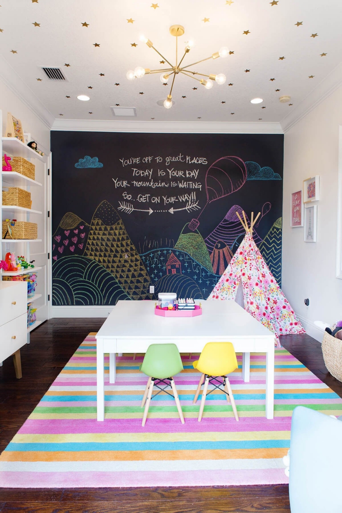 kinderzimmer deko, zimmer zum spielen für kinder, spielzimmer gestalten, tafelwand