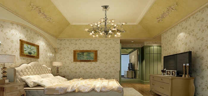komplettes-Schlafzimmer-Italienisch-Tapeten-mit-Blumenmotive-großes-Bett