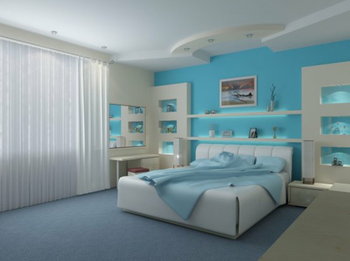 komplettes-Schlafzimmer-Polsterbett-blau-weiß
