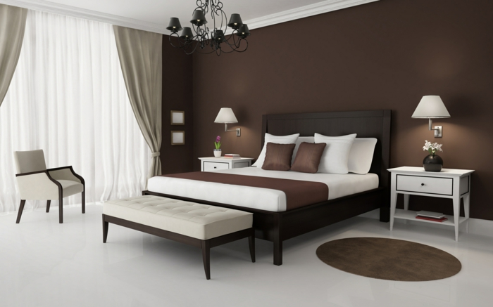 komplettes-Schlafzimmer-braune-Wände-weißer-Boden