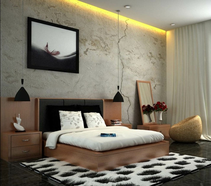 komplettes-Schlafzimmer-eleganter-Kopfteil-hängende-Lampen