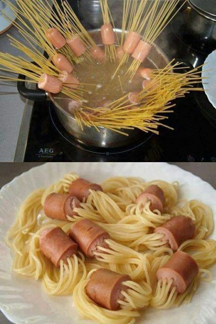 lustiges-Kindergeburtstag-Essen-Spaghetti-Hot-Dog-Bissen