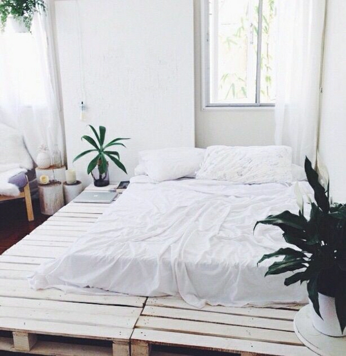 möbel-aus-paletten-zwei-Bett-Rahmen-eine-Matraze-Topfpflanzen-minimalistisches-Interieur