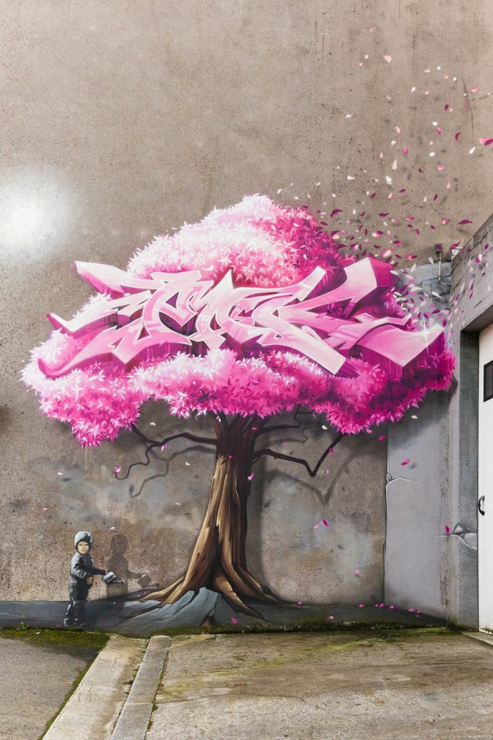 schön-art-Junge-Gießkanne-Baum-rosa-Blätter-Graffiti