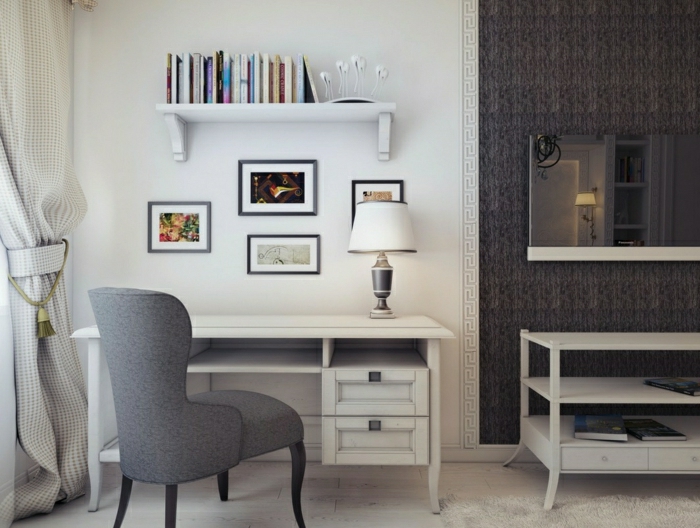 Arbeitszimmer-aristokratische-Gestaltung-3D-Zeichnung-Schreibtisch-mit-Regal-Schubladen-Bücher-grauer-Sessel-vintage-Gardinen