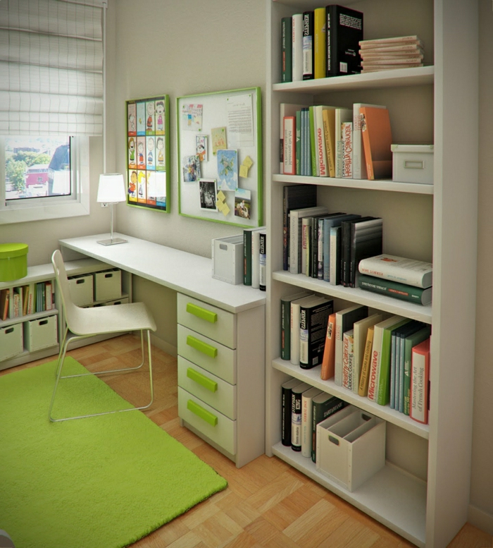 Kinderzimmer-frische-Akzente-grüner-Teppich-Schreibtisch-Schubladen-Regale-Bücher-Tafeln