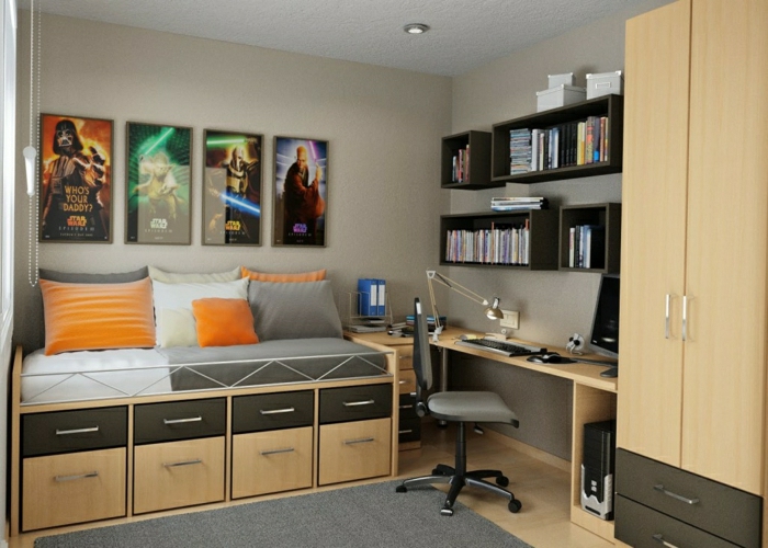 Schlafzimmer-Arbeitsecke-Schreibtisch-Regale-Bücher-Kleiderschrank-Leselampe-Stuhl-Rollen