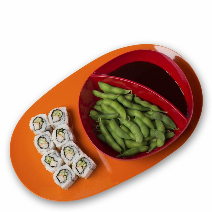 Serviertablett-Bambus-orange-Farbe-rote-Schale-Bohnen-Sushi