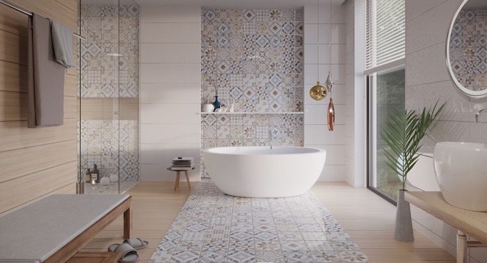 Badezimmer einrichten in marokkanischem Stil, Fliesen und Laminat, weiße Badewanne aus Keramik 