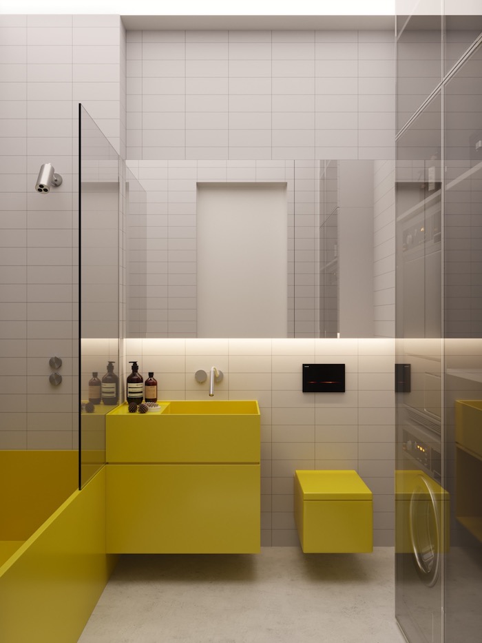 Simples Design für Badezimmer, gelbe Badmöbel und weiße Fliesen