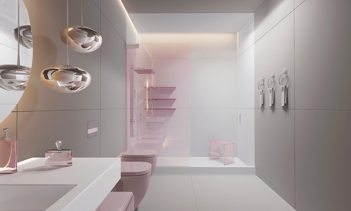 Badezimmer minimalistisch gestalten, Badeinrichtung in Weiß und Rosa, runde Formen 