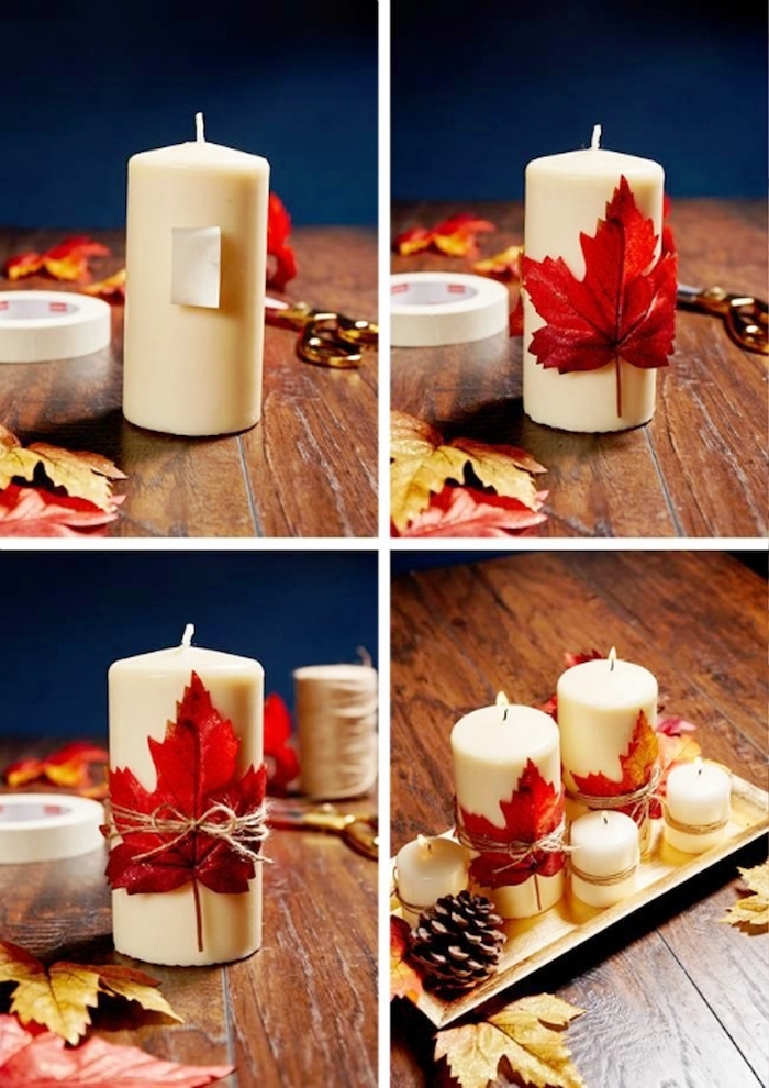 Weiße Kerzen mit Herbstblättern verzieren, Idee für schöne herbstliche Tischdekoration 