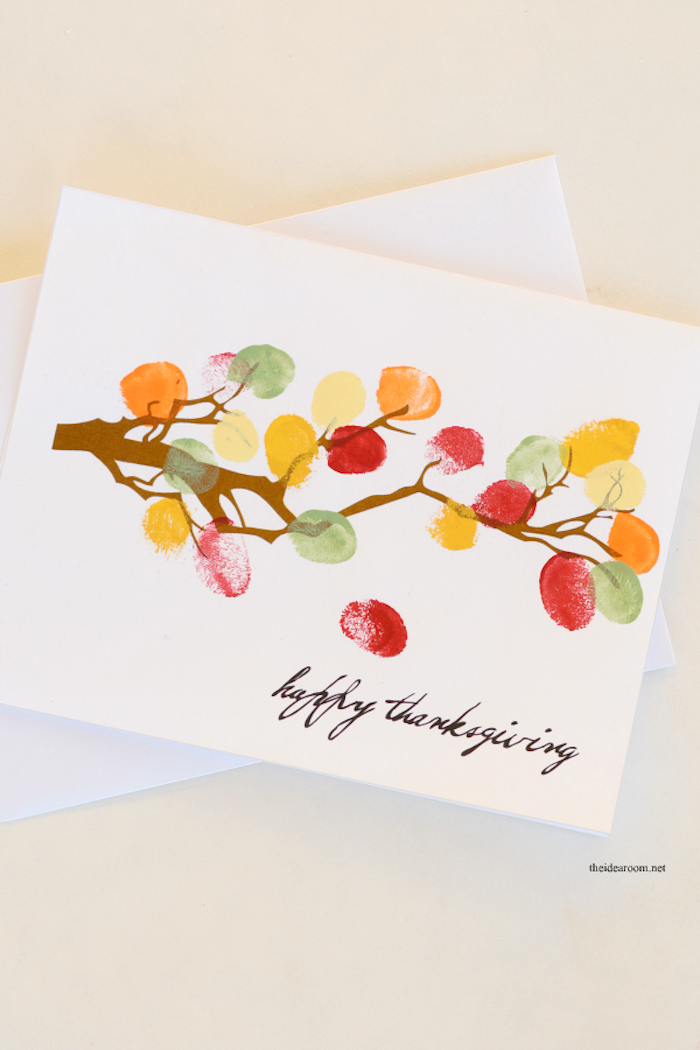 Herbstbaum malen mit Fingerabdrücken für Blätter, Karten mit Kindern basteln 