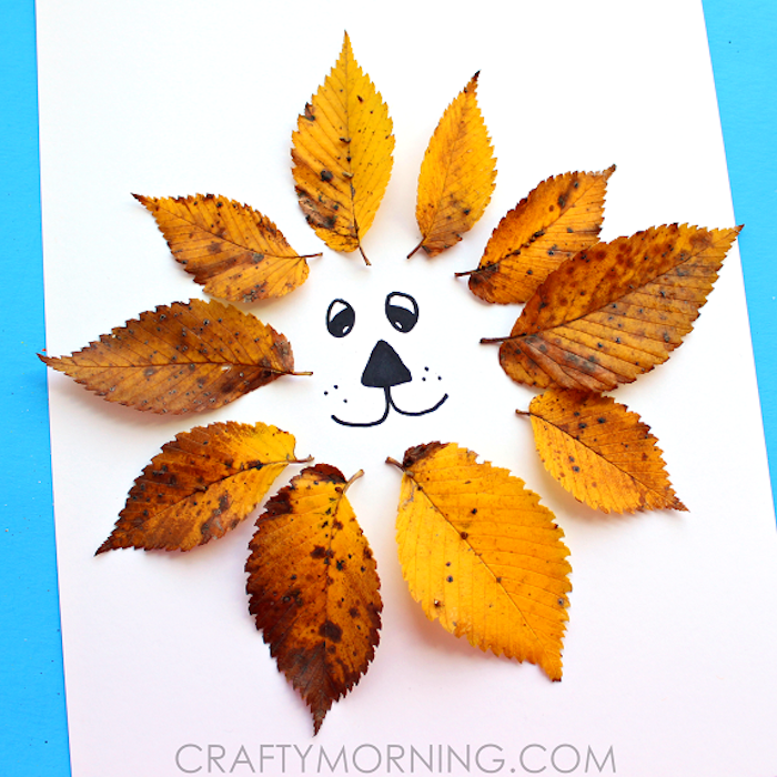 Ideen für Herbstbasteln mit Kindern, DIY Löwe mit Herbstblättern für Mähne