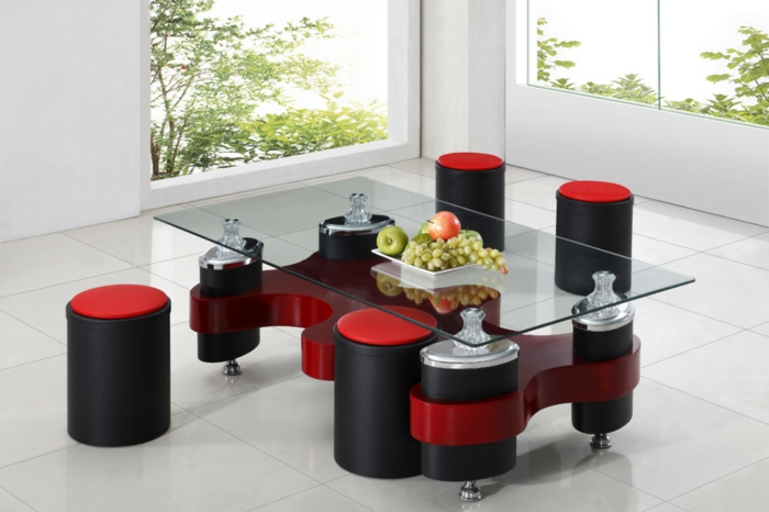elegante-Möbel-schwarz-rot-Couchtisch-mit-Hocker-gläserne-Tischplatte-Früchte