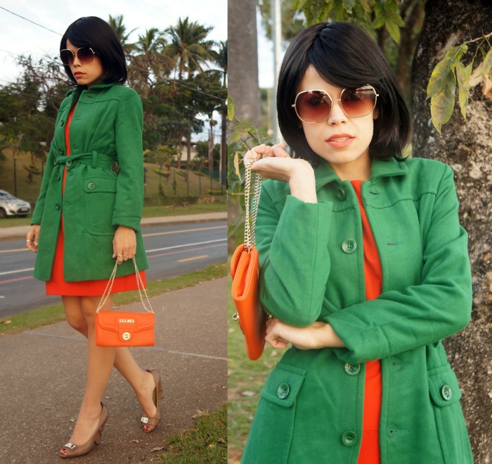 kleid-in-orange-und-ein-mantel-in-grün