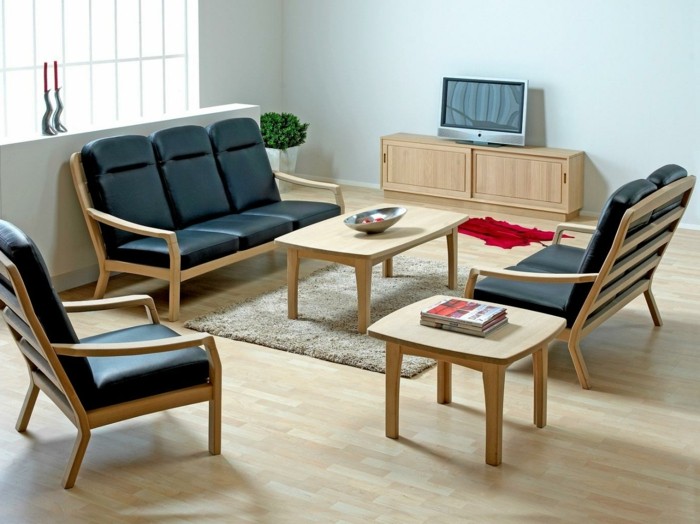 kleine-Sofas-Leder-schwarz-elegant-hölzerne-Möbel-Fernseher-Unterschrank