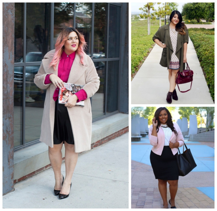 mode für mollige, business outfits für frauen, schwarzer rock, rosa hemd, beiger mantel