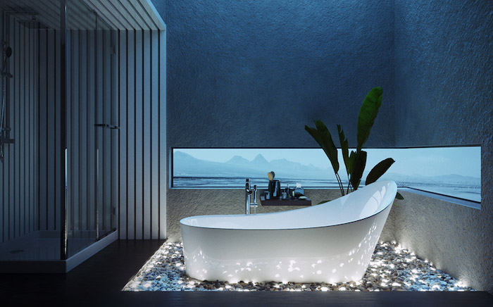 Moderne Bäder, Duschkabine aus Glas, weiße Badewanne aus Keramik, Lichtereffekte im Bad