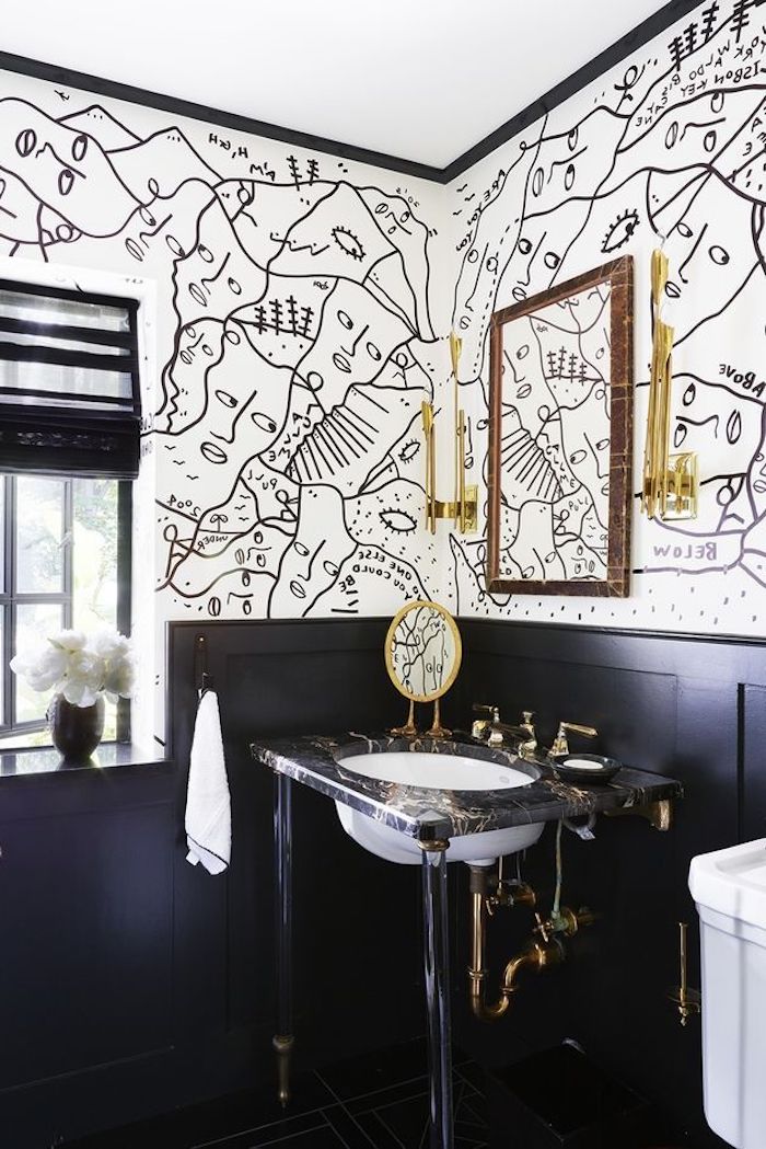 Badezimmer Ideen modern, Bad in Schwarz und Weiß, Wschbecken aus Marmor, viereckiger Spiegel