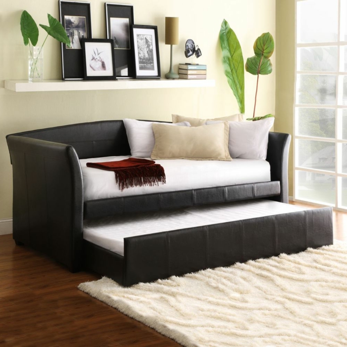 praktisches-Leder-Sofa-schwarz-Schlaffunktion-Platz-sparend-Fotos-Bücher-Pflanzen-flaumiger-Teppich