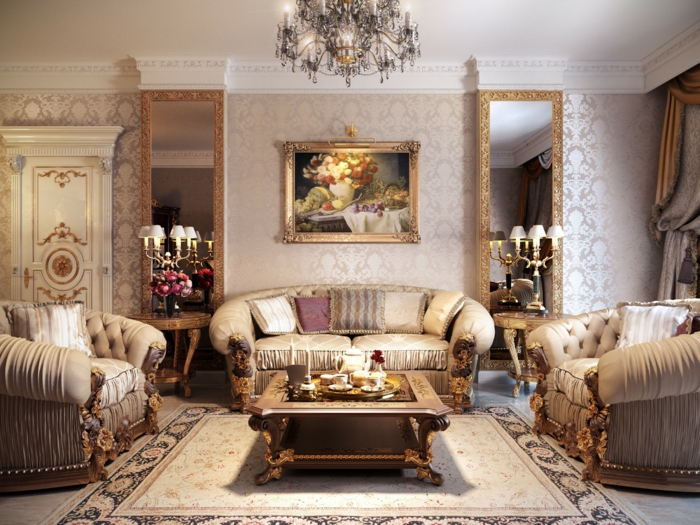 Barock-Wohnzimmer-Gestaltung-weiche-Sofas-Spiegel-goldene-Ornamente-glänzende-Designer-Tapeten