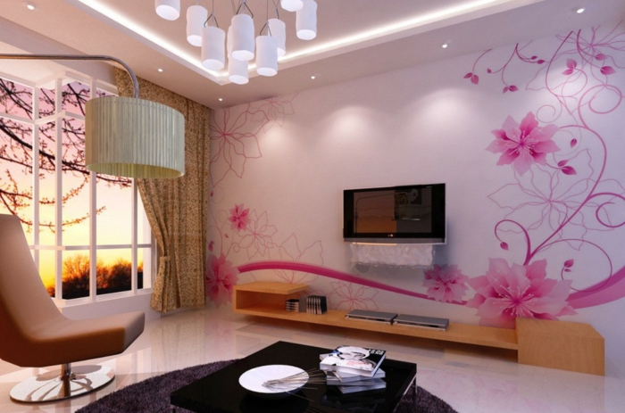 Designer-Tapeten-rosa-Blumen-romantische-Atmosphäre-Wohnzimmer-modernes-Interieur